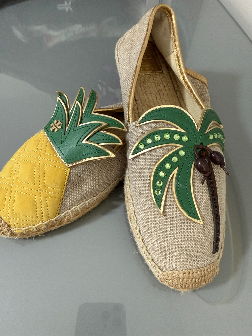 Tory Burch Pineapple & Palm Appliqué Espadrilles in Yellow and Green